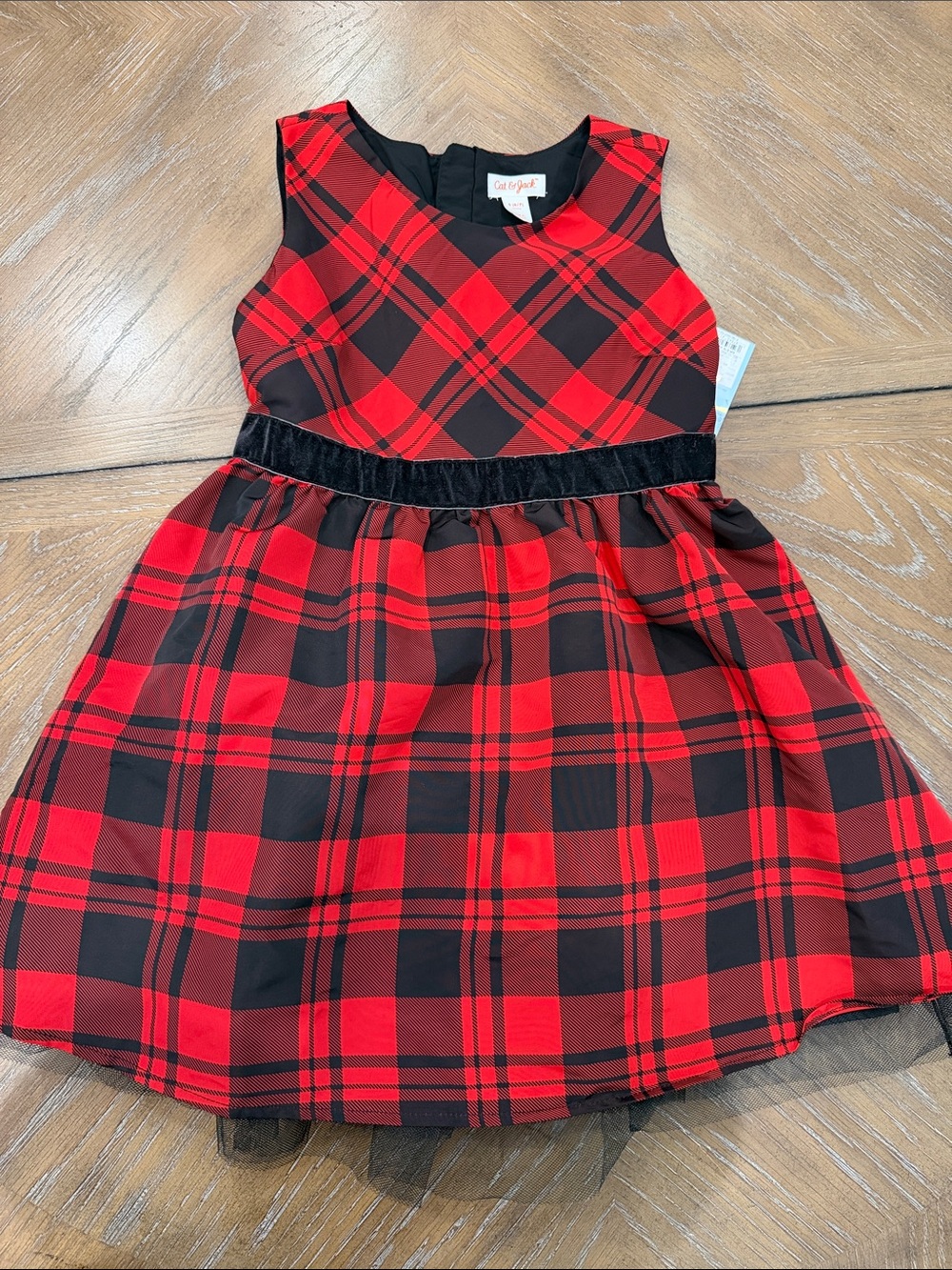 Cat & Jack Red and Black Plaid Velvet-Waist Holiday Dress